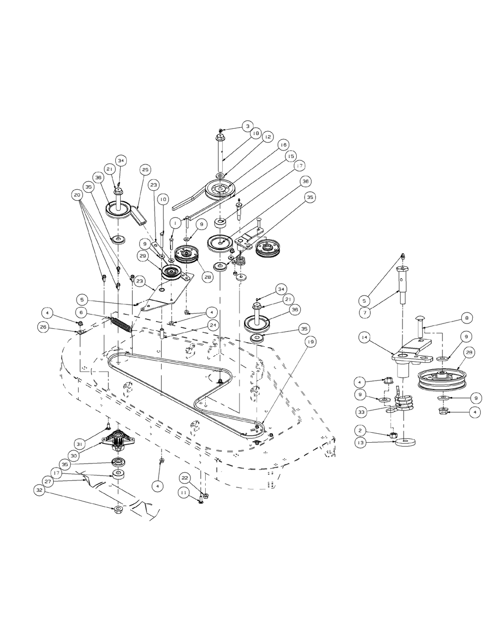 Fabricated Spindle Assembly 54-Inch Diagram and Parts List for ENFORCER54 53AH3AGT050-23HP Cub Cadet Lawn Tractor